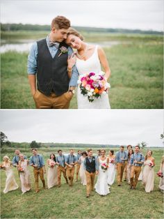 a couple standing next to each other on top of a field