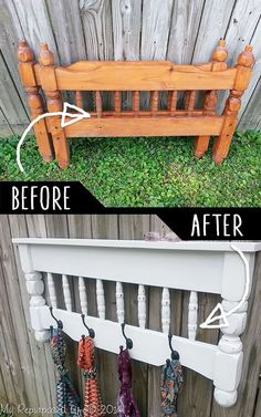 an old bench turned into a coat rack