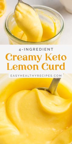 a spoon full of creamy keto lemon curd in a glass bowl with the text overlay above it