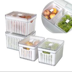 three plastic containers filled with vegetables and fruits