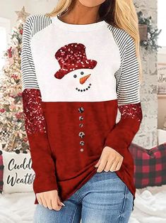 Women Casual Color Block Winter Polyester Daily Long sleeve Crew Neck Regular H-Line T-shirt Theme Painting, Christmas Details, Style Festival, Camouflage Colors, Long Sleeve Tops Casual, Women Street, Fall Fabric, Plus Size Top, Painting Style