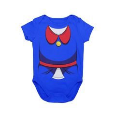 a blue bodysuit with an image of a cartoon character on the front and chest