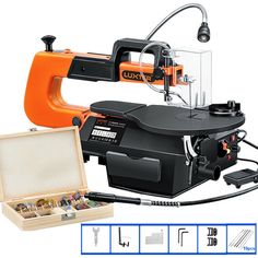 an orange and black machine with tools in it's box on a white background