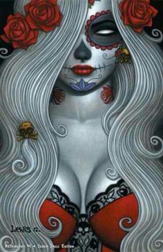 a painting of a woman with white hair and red roses in her hair, wearing a sugar skull mask