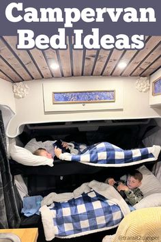 Interior of a campervan showing two childrens bunk beds in the cab area of the van, with text above that says: Campervan bed ideas. Campervan Bed Ideas, Campervan Bed, Best Campervan, Diy Campervan, Campervan Conversions, Camper Conversion, Bed Ideas, Bed Frames, Camper Van