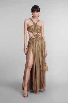 Alexa Dress in gold silk, sleeveless, side split, braided motif details, laces detail, bralette, rings detail all over, 100% silk, Made in China, Model is 180 cm and wear a size S | Cult Gaia Women's Alexa Dress in Gold Silk | SS24 Gold Chainmail Dress, Cult Gaia Store, Greek Goddess Runway, Cult Gaia Aesthetic, Cult Gaia Cutout Dress, Cult Gaia, Gold Silk, Side Split, Lace Detail