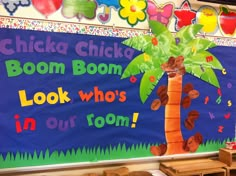 a bulletin board with an image of a palm tree in the center and words written on it