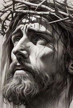 a pencil drawing of jesus with crown of thorns on his head