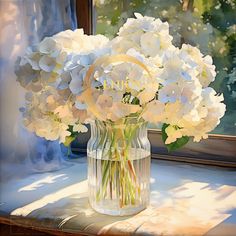 a vase filled with white flowers sitting on top of a table next to a window