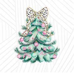 a christmas tree with polka dot bows and ornaments on it's top, in front of a white background