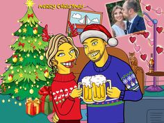 a man and woman are holding mugs of beer in front of a christmas tree