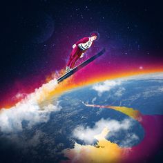 a man flying through the air while riding skis on top of a rainbow colored sky