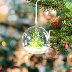 a glass ornament with a christmas tree in it hanging from a pine tree