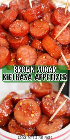 brown sugar keebbasa appetizer in a bowl with toothpicks