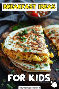 Breakfast ideas for kids featuring a folded tortilla with scrambled eggs and garnished with parsley on a wooden board. Breakfast For Dinner Kids, Easy School Day Breakfast, Healthy Breakfast For Kids Before School, Breakfast Ideas For 1 Person, Breakfast For Picky Eaters, Kid Breakfast Ideas, Easy Breakfast For Kids, Healthy Kids Breakfast, Breakfast Ideas Kids