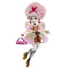 a doll with pink hair holding a handbag and wearing a dress made out of sequins