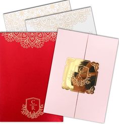 two red envelopes with gold embosishment on the front and bottom, one in pink