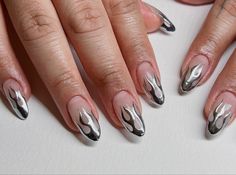 Silver Fire Nails, Chrome Flames Nails, Silver Flames Nails, Silver Flame Nails, Chrome Flame Nails, Silver Chrome Nail Art, Chrome Nails Silver, Lightning Nails, Flame Nails