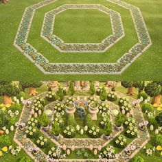 an aerial view of a garden with flowers and trees in the center, surrounded by green grass