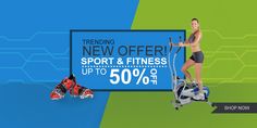 a woman on an exercise bike with the words new offer sport & fitness up to 50 % off