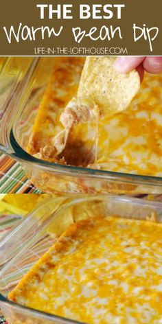 a person dipping a tortilla chip into a casserole dish with cheese