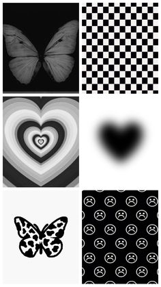 black and white images with hearts, checkered wallpapers, butterflies and heart shapes