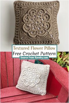 a crocheted pillow sitting on top of a red chair next to a white pillow