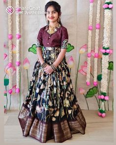 Long Frock Designs For Kids, Trending Lehenga Designs, Long Frocks For Girls, Pattu Pavadai Designs, Kids Lehenga Choli, Kalamkari Dresses, Pattu Pavadai