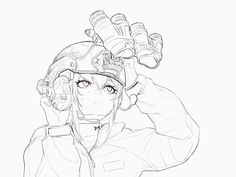 a black and white drawing of an anime character wearing a baseball cap with his hands on his head