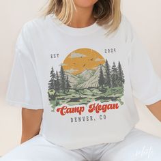 Camp Bachelorette Comfort Colors® Shirt The perfect shift for a camp themed bachelorette, girl's trip, birthday, and more! You can choose an oversize look or go with a regular fit. For an oversized shirt fit, we recommend to size up by 2 - 3 sizes. SHIRT DETAILS - Comfort Colors® 1717 Unisex - 100% cotton, medium fabric - Runs true to size for a relaxed fit, if you are unsure about sizes - refer to the sizing chart in the listing - For an oversized look, size up accordingly (typically 2 - 3 sizes) - Colors may vary slightly due to different monitors and devices CARE INSTRUCTIONS - Machine wash: turn inside-out, use cold water, wash with like colors - Tumble dry: low heat - Do not bleach - Do not iron directly on the design - Do not dry clean PROCESSING TIME - Processing: 1 - 5 days - U.S. Custom Print Short Sleeve Tops For Camping, Custom Print Summer Tops For Camping, White Camp Shirt With Graphic Print, Summer Graphic Print Camp Shirt, Summer Camping Tops With Custom Print, Summer Camping Shirt With Graphic Print, Trendy Relaxed-fit Graphic Camp Shirt, Camp Walden Bachelorette, Custom Bachelorette Shirts