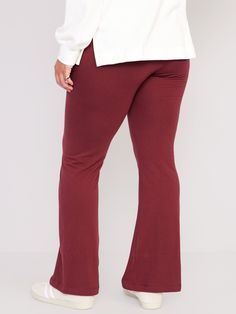 Online exclusive! Elasticized high-rise waist.  Flared leg openings.  Soft-washed jersey, with comfortable stretch.  Easy pull-on style.  #763284 Women's high-rise leggings sit high on waist.  Fitted through hip and thigh.  Flared leg.  Models are ap Pull-on Yoga Bottoms Long Pants, Pull-on Style Yoga Long Pants, Pull-on Yoga Pants, Stretch Solid Color Bottoms For Fall, Stretch Solid Pants With Pull-on Style, High Waist Elastane Leggings With Elastic Waistband, High-waist Elastane Leggings With Elastic Waistband, Stretch Full-length Solid Pants, Casual Full-length Leggings With Contoured Waistband