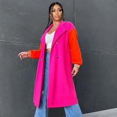 You Won't Get Overlooked In The Callie Oversized Varsity 2face Pink & Orange Trench Coat. Turn Heads And Make A Statement With This Bold, Color-Block Coat That Effortlessly Blends Street-Style Fantastic With Classic Sophistication. The Vibrant Hot Pink Body Paired With Eye-Catching Orange Sleeves Creates A One-Of-A-Kind Look That’s Perfect For Standing Out. Its Oversized Fit Offers Comfort And A Trendy Silhouette That’s Right On Point For The Season. The Sporty Varsity-Style Cuffs Add A Playful Oversized Pink Outerwear For Work, Pink Color Block Winter Outerwear, Orange Trench Coat, Trench Coat Plus Size, Color Block Coats, Coat Plus Size, Varsity Style, Pink Body, Life Jacket