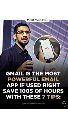 a man holding up a smart phone with the text email is the most powerful email app used right save 10 % of hours with these 7 tips