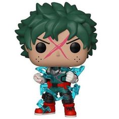 a pop vinyl figure with green hair and red shoes, holding a baseball bat in his hand