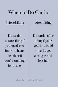 the words when to do cardio before lifting and after lifting are shown in black