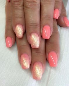 Coral and gold glitter nails #SummerStyle #BeachVacation #BirthdayParty #FestivalLooks #WearToWork #WeekendLook #DateNight #GirlsNightOut #MyShopStyle #affiliate Ombre Acrylic, Korean Nail, Coral Nails, Gel Nail Art Designs, Gold Glitter Nails, Diy Nail Designs, Sparkly Nails, Dipped Nails