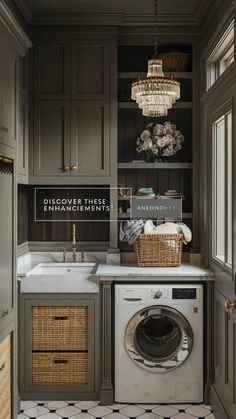 a washer and dryer in a room with dark wood cabinets, black and white checkered floor