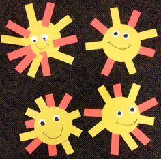 four sun crafts made from construction paper and colored construction paper with eyes, arms and legs