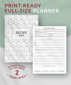 the recipe book is ready to be filled with printables and includes two pages