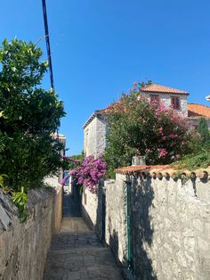 an alley way with stone walls and flowers on the trees in front of it, surrounded by greenery