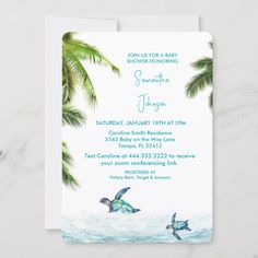 a baby shower is shown with two turtles swimming in the water and palm trees behind it