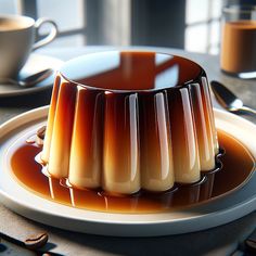 a chocolate dessert with caramel sauce on a plate next to two cups and spoons