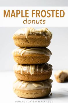 stacked maple frosted donuts on top of each other with the title above it