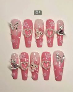 Charm Nails Y2k, Hello Kitty Nails Art, Punk Nails, Girly Acrylic Nails, Hello Kitty Nails, Blush Nails, Pretty Gel Nails