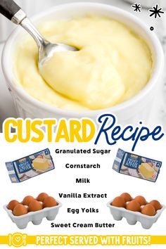 an advertisement for custard recipe with eggs