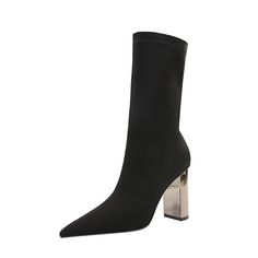 Material: LycraSize: CN34, CN35, CN36, CN37, CN38, CN39, CN40Color: Black, Dark GreenHeight High: 10CMTube Height: 20CMStyle: Sexy, FashionPattern Type: Point Toe, Stretch, Lycra, High, Chunky Heel, Calf BootsOccasion: Winter, Fall, Party, CasualPackage Contents: 1* Shoes, without Accessories. Fitted Boots With Metal Feet For Fall, Fitted Black Boots With Metal Feet, Fitted Heeled Boots With Metal Feet, Fitted Edgy Mid-calf Boots For Winter, Edgy Fitted Boots With Metal Feet, Stretch Boots For Night Out In Winter, Stretch Boots For Winter Night Out, Trendy Fitted Mid-calf Boots For Evening, Winter Stretch Boots For Night Out