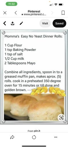 an iphone screen showing the recipe for mom's easy no yeast dinner rolls, which is