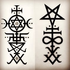 two black and white tattoos with symbols on them