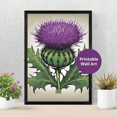 a purple thistle flower on a white background with the words printable wall art above it