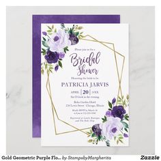 the purple and gold bridal shower is displayed on a white marble background with flowers